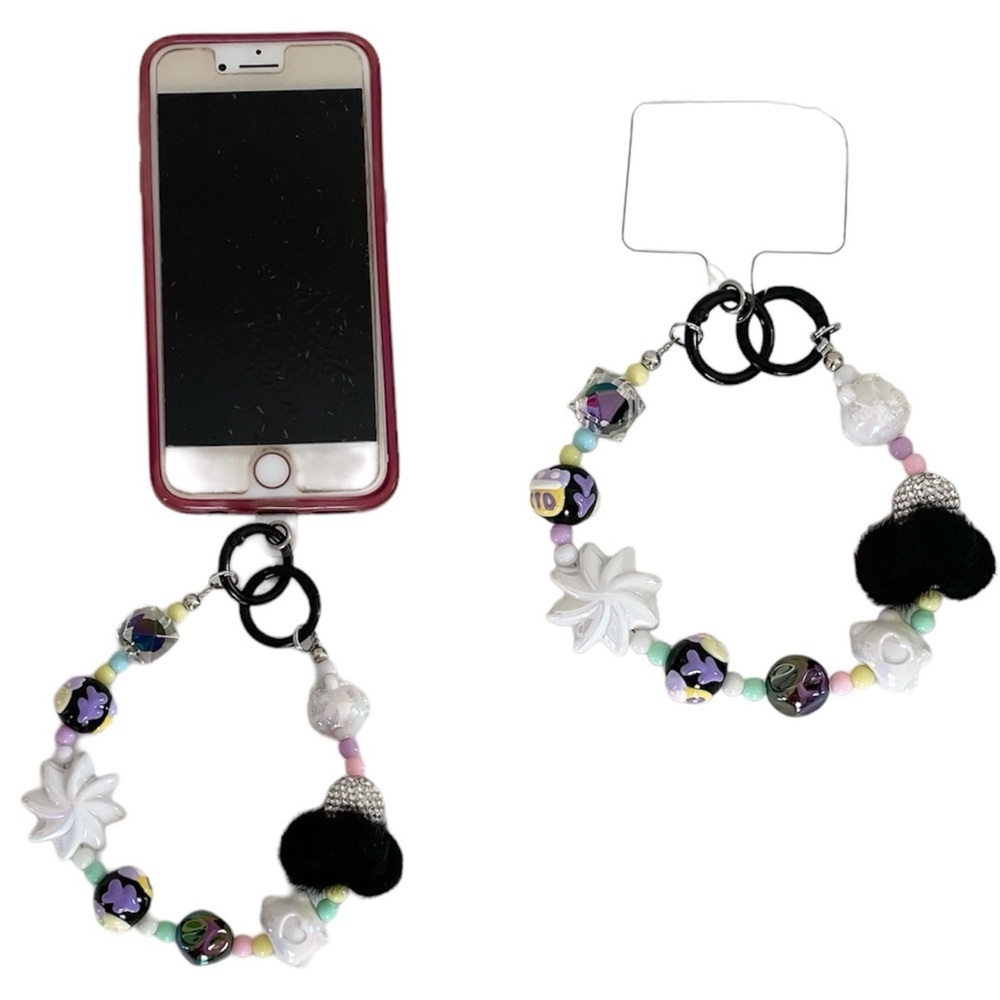 Black & Purple Pom Pom Kitty Beaded Charm Phone Accessory Wristlet with tab